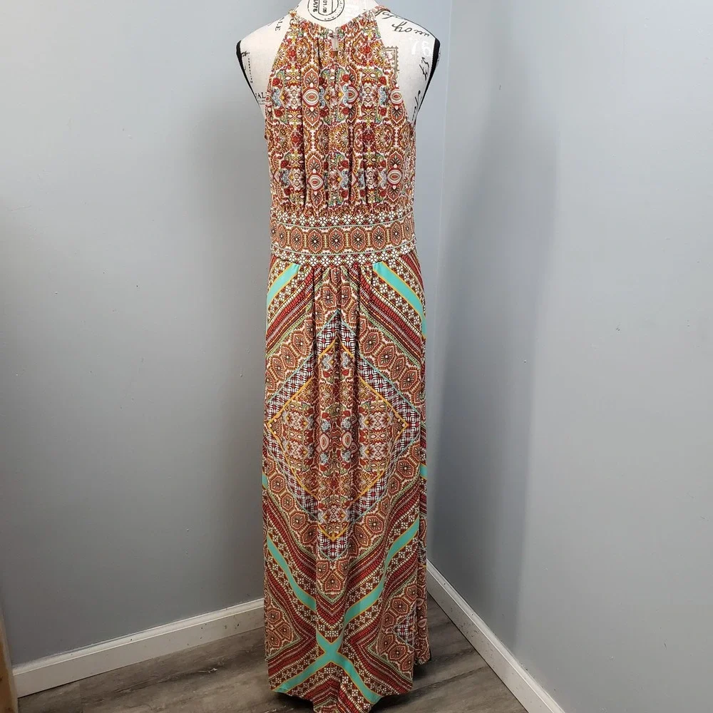 London Times Maxi Dress Womens 12 Multi Patterned Sleeveless Pleated Halter Neck - Picture 2 of 9
